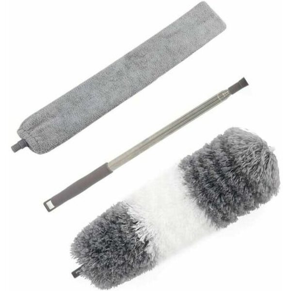 Højt støvsæt til døre med sammenklappelig mikrofiberstøvkost, aftagelig rengøringsbørste og forlængerhåndtag i rustfrit stål til loftsventilatorer.