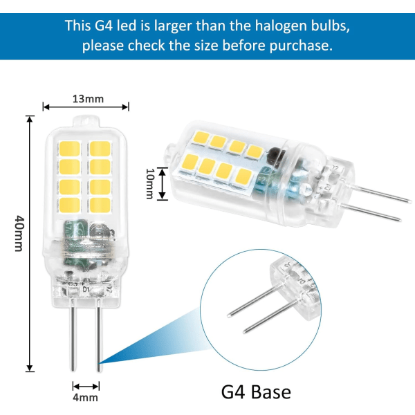 G4 LED-pære 12V 3W, ikke-dimbar, 16*SMD 300LM kald hvit 6000K, 25W G4 halogenpære-ekvivalent, G4 LED-pære for lysekrone, 6-pakning