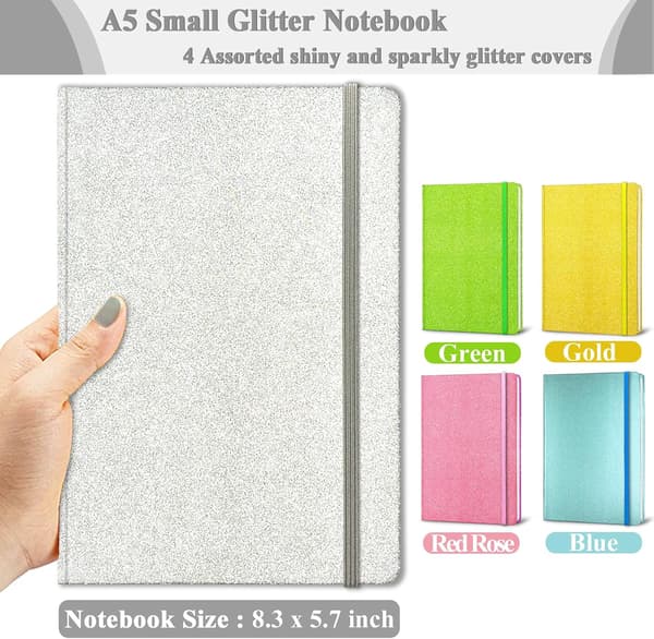 Sølv Notesbog A5, Glitter Hardback Notesbog til Piger 160 Sider Linjeret Notesblok Silver