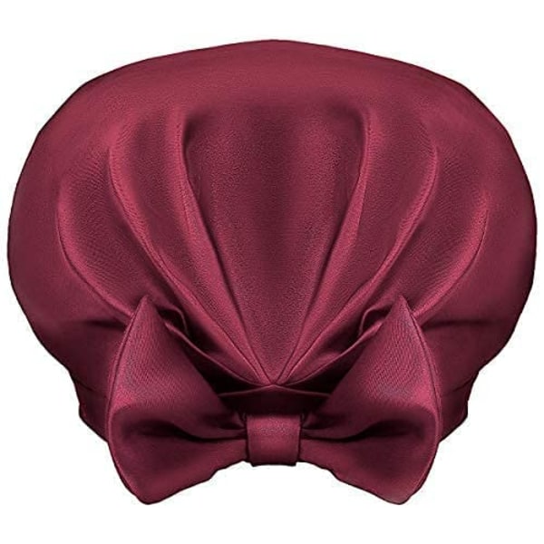 Cap, rosett dubbellager återanvändbar silke satin hår cap för damer skönhetsbad, hår spa, röd)