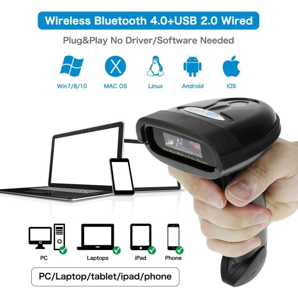 Trådlös streckkodsläsare, kompatibel med 2,4G trådlös och Bluetooth funktion och trådbunden anslutning