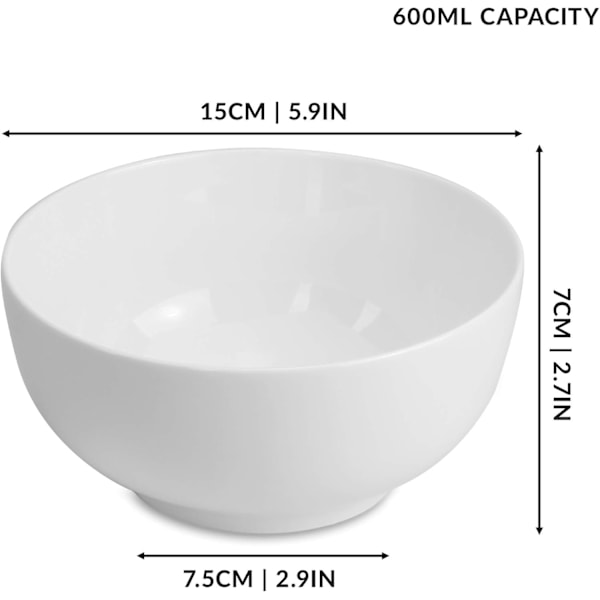 Porcelænsskåle - Sæt med 4 | 600 ml hvid skål | Perfekt til desserter, morgenmad og supper | Tåler opvaskemaskine, mikroovn og ovn