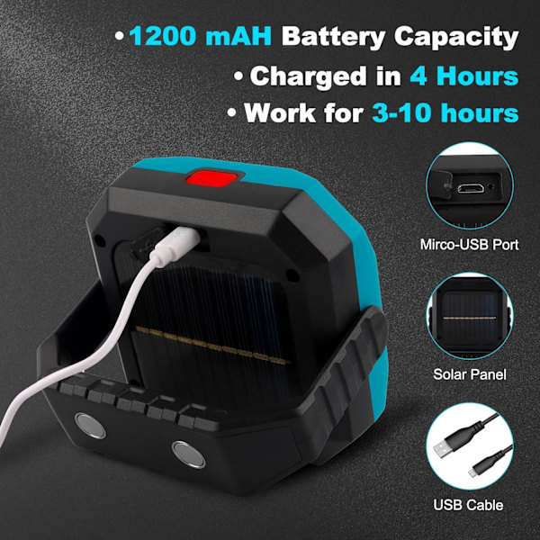 Solcellsladdad LED-belysning med 3 lägen, bärbar arbetslampa med USB, 360° fäste, magnetisk bas, blå