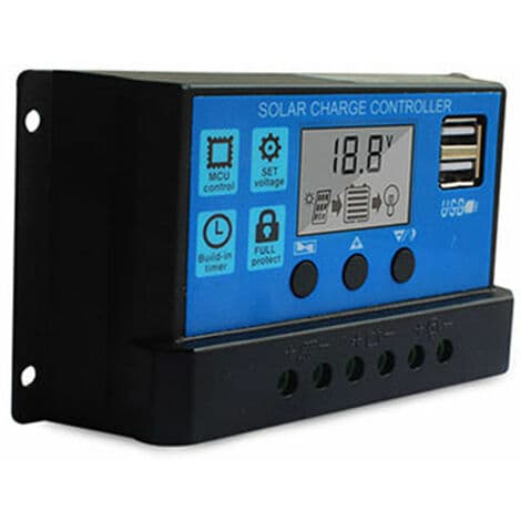 10A solcellelader, 12V/24V solcellepanelkontroller Justerbar LCD solcellepanelkontroller med doble USB-porter