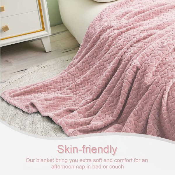 Flanellöverdragsfilt, 127x178 CM soffa, mjuka jacquardvävd lövmönster för soffa, rosa filt