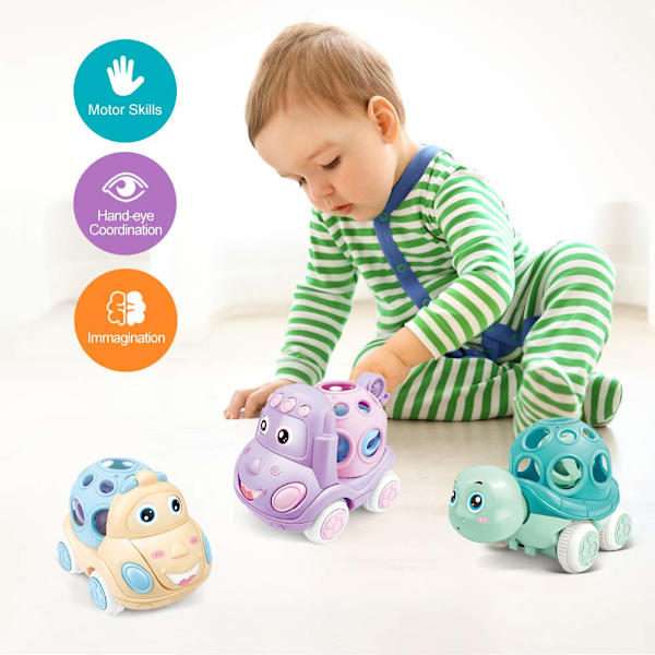 Spädbarnsskallra, Barnvagnsleksaker med mjukt gummiskallra 3 delar, Friktionsdrivna fordon Baby Learning Present för barn 6-12 månader gamla