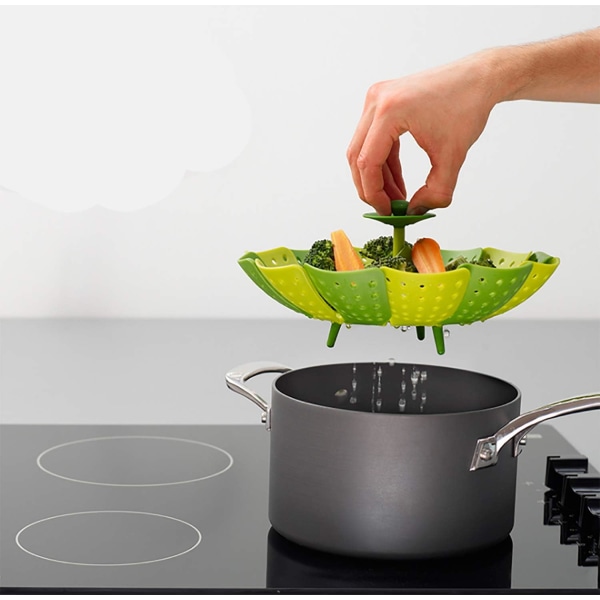 Steamer Korg för grönsaker och mat, Mini Silikon Steamer Basket, Folding Steamer, Grön, repfri BPA-fri
