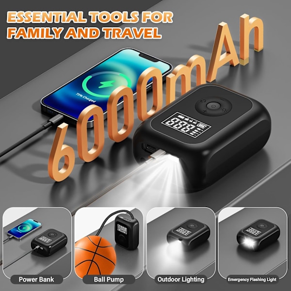 Ilmapumppu Schrad Portable Air Compressor 2000mAh: Mini sähköinen ilmapumppu 10.3Bar/150PSI, digitaalisella näytöllä ja LED-valolla sekä 4 tilalla
