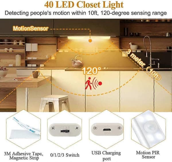 40 LED Skabslys, Bevægelsessensor, USB Genopladelig, 4 Tilstande, 30 cm varmt lys