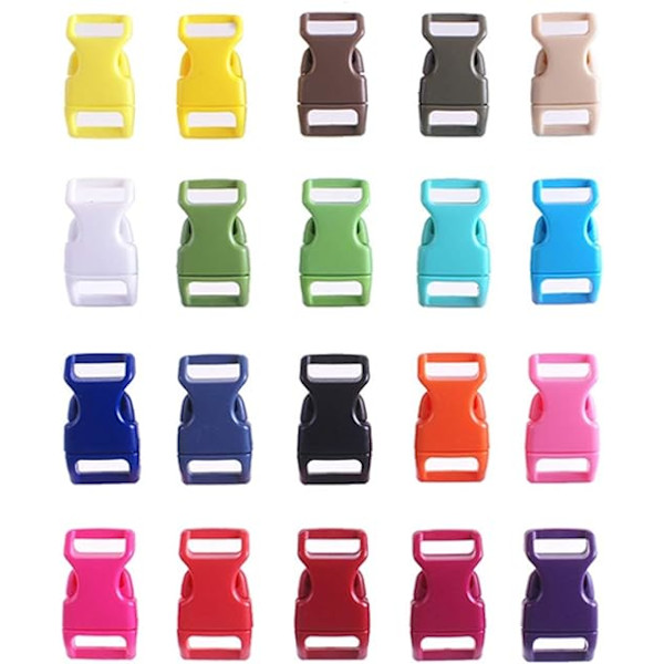 20-pack med profilerade sidospännen i plast för paracordarmband, hundhalsband, band, slumpmässiga färger