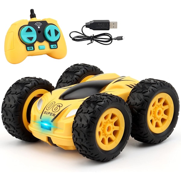 Mini-stunt-kauko-ohjattava autolelu, 4WD 2.4Ghz kaksisuuntainen pyörivä auto, lasten lelu syntymäpäivä poika ja tyttö ilman akkua keltainen