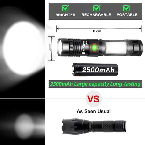 Taskulamppu LED, USB-ladattava, COB-lamppu Kannettava Zoomable Taskulamppu