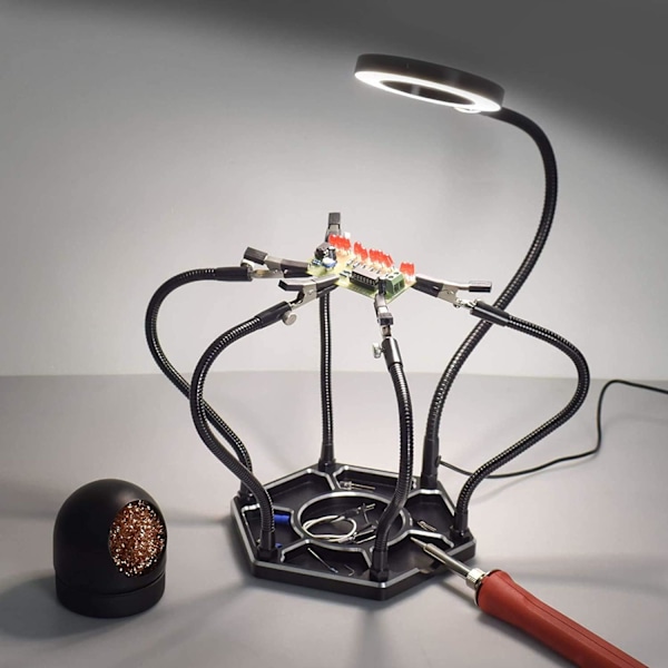 Tredje hand lödassistent med 6 flexibla armar och 3x förstoringsglas för elektronikreparation, modellhobby