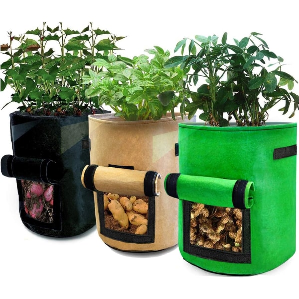 Plantpåsar 3-pack 10 gallon Plant Grow Bags, Grönsakspåsar med lock och handtag för potatis, morötter