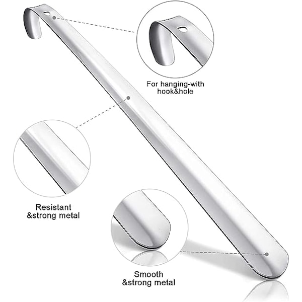 Skohorn i rostfritt stål, lång metallskohorn, 2-pack - 42 & 16 cm, lång rostfritt stål, mycket robust design, perfekt för resor