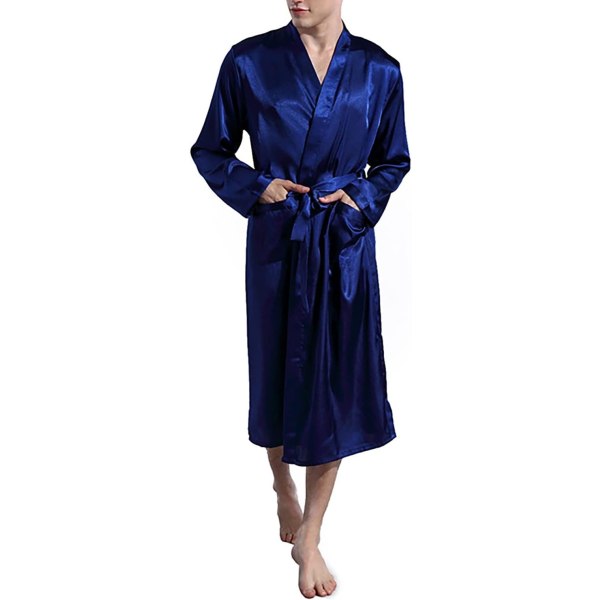 Herre badekåbe sommer letvægts sauna dragt langærmet badekåbe med bælte sommer badekåbe pyjamas silke pyjamas kimono pyjamas herre gave Navy blue XXL