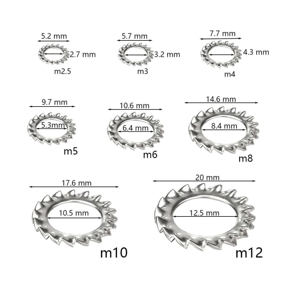 Tandade låsbrickor, 300 st rostfria låsbrickor, låsbrickor sortiment set (M2.5 M3 M4 M5 M6 M8 M10 M12)