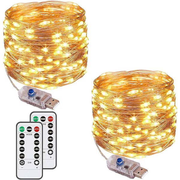 [2-pack] Ljuskedja, 100 LED-lampor, 10m, 8 lägen, USB-kontakt, Vattentät, Kopparljuskedja med fjärrkontroll och timer för fest, jul