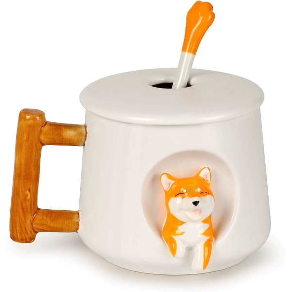 3D Shiba Inu söt kaffemugg, mönster inuti 14 oz kopp med öppningslock och härlig matchande söt tasssked