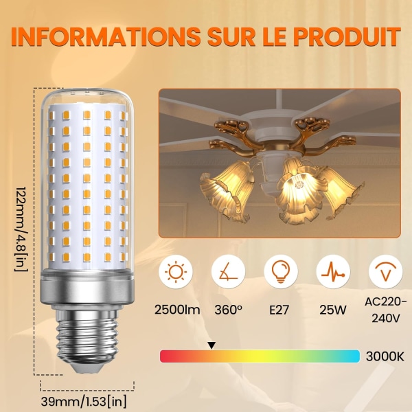 E27 LED-pære Varmhvit Lys 3000K, 1800LM, Tilsvarer 200W Halogenpære, Maispære E27 LED Stue (Ikke-dimbar, 3-pakning)