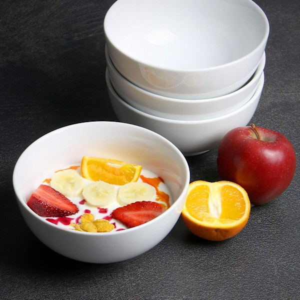 Porcelænsskåle - Sæt med 4 | 600 ml hvid skål | Perfekt til desserter, morgenmad og supper | Tåler opvaskemaskine, mikroovn og ovn