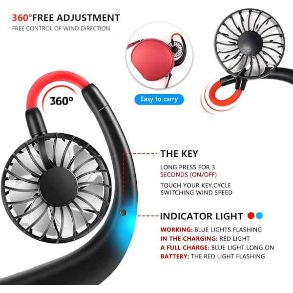 Halsvifte Bærbar Håndholdt Håndfri USB-vifte Mini Sports Halshengende Vifter Skrivebord Små Vifter Kontor Liten Perfekt Black