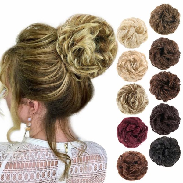 1PCS Messy Hair Bun Hair Scrunchies Extension Curly Wavy Messy Synthetic Chignon for women Updo Hairpiece Light Blonde & Light Brown#