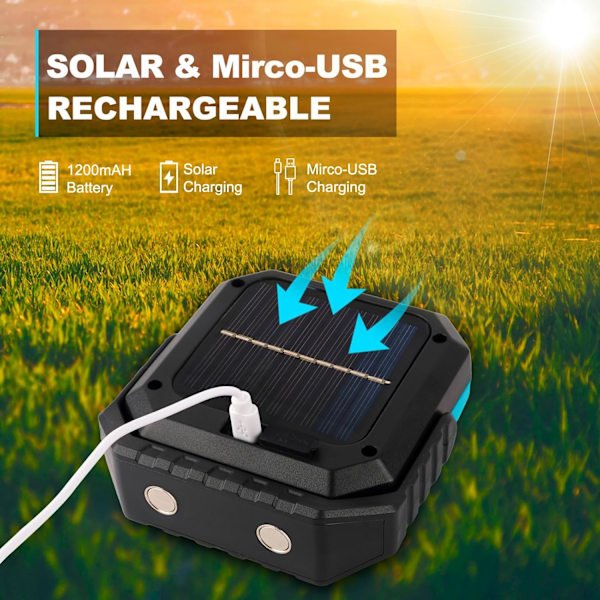 Solcellsladdad LED-belysning med 3 lägen, bärbar arbetslampa med USB, 360° fäste, magnetisk bas, blå