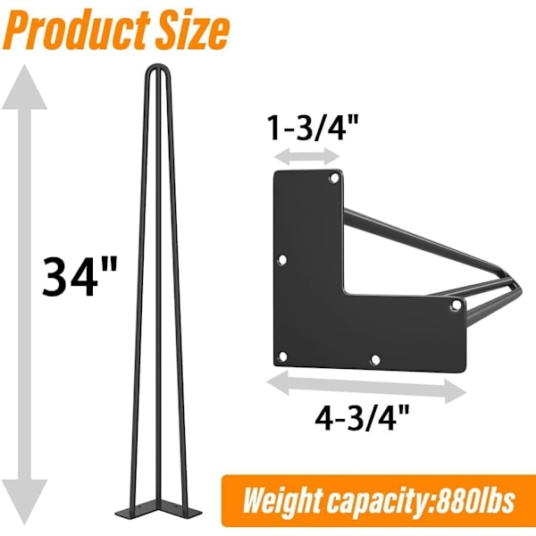 4 STK 86 cm Hårnålebordsben Maks. støtte 400 kg med beskyttelsesfødder Midt-århundredes moderne stil til møbelben, sofabordsben 86cm