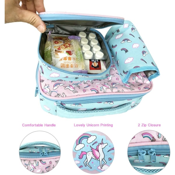 Barnmatsäck för flickor med flaskhållare, barn Unicorn Lunchbox
