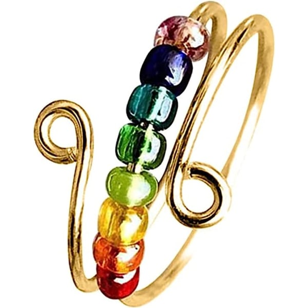 Kör bort din ångest Rainbow Beads Fidget Ring, Beads Spinner Ring, Justerbar öppning