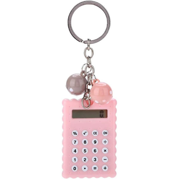 Sød mini lommeregner, 8-cifret mini lommeregner med nøglering - Blå farve silikoneknap Pink