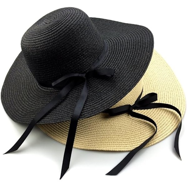 Solhat til kvinder, foldebar floppy hat med sløjfe, stor bredbremmet stråhat, dame sommer strand kasket UV beskyttelse Off white