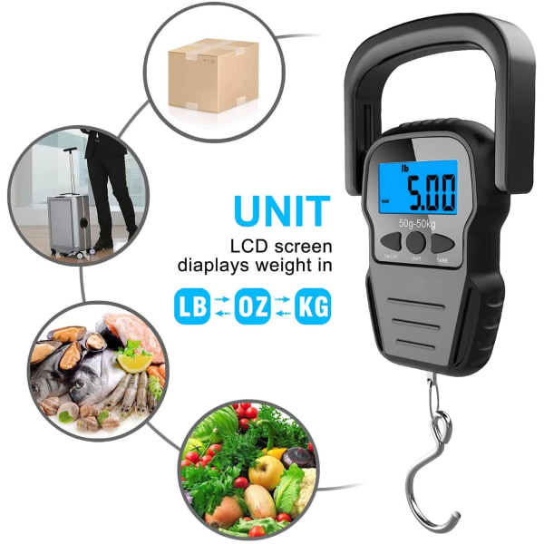 Digital fiskvekt, bagasjevekt, vekt hengende krokvekt, 110lb/50KG-bakgrunnsbelyst LCD-skjerm, vanntett pose (batterier inkludert)