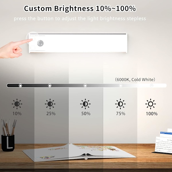 Skablys, 6000K genopladelig LED-belysning til indendørs skabe, trådløs, magnetisk, dæmpbar LED-lys med bevægelsessensor