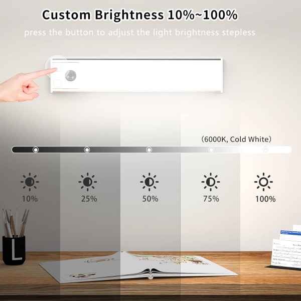 Skaplys, 6000K oppladbare LED-belysning for innendørs skap, trådløse, magnetiske, dimbare LED-lys med bevegelsessensor