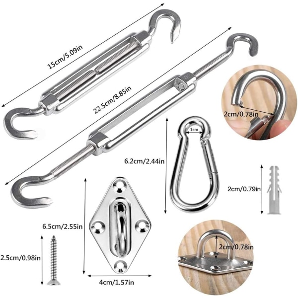 Festeanordning for skyggeseil, rustfritt stål - for sikker installasjon av firkantede og trekantede markiser
