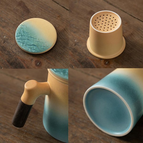 Blå og Hvid Tekopper med Træhåndtag Keramisk Tekop med Infuser og Låg Kop til Infusion af Løse Blade Te azul