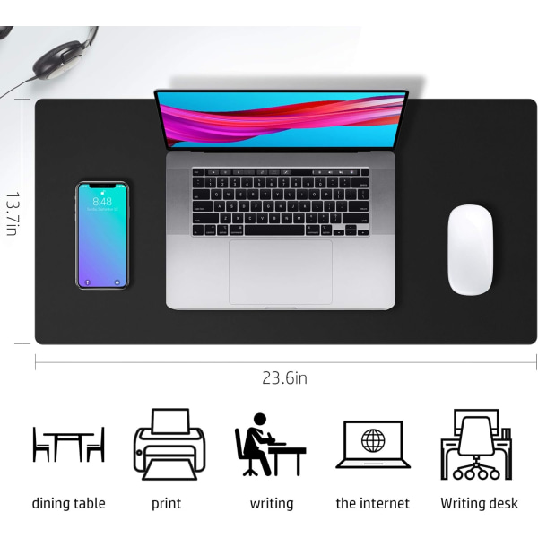 Läder Skrivbordsunderläggsskydd, Halkskyddande PU-Läder Skrivbordsunderlägg, Laptop Skrivbordsunderlägg, Vattentätt Skrivbordsunderlägg för Kontor och Hem Black 23.6" x 13.7"