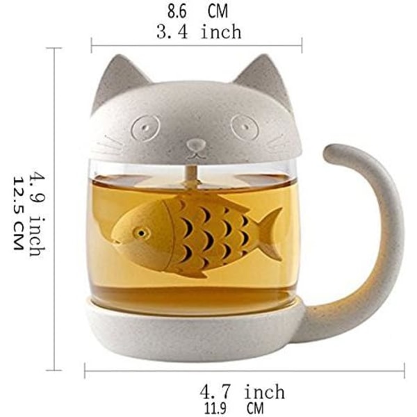 Kattglas Teekopp, Vattenflaska Mugg med Fiskformad Teinfuser, Kaffe Vattenflaska, 250ML, Kattälskare