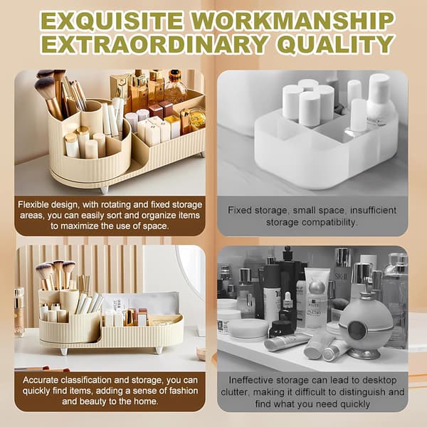 Roterende Makeup Organizer og 2-i-1 Rum, Makeupbørsteholder, 360 Graders Makeup Organizer