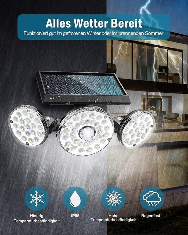 Utomhus Solcellslampa, 70 LED Solcellsdriven Lampa med Rörelsesensor, IP65 Vattentät, 360° Roterande