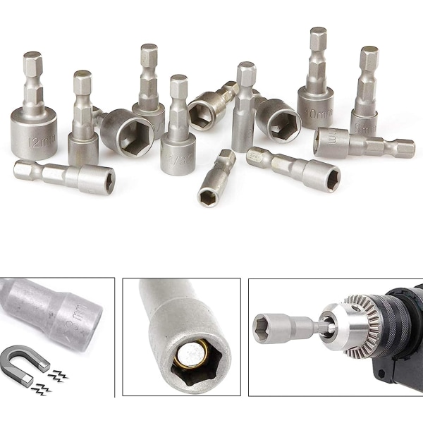 10 stk 6-19mm skrutrekkerhylse - Bitadapter, sekskant for håndbor, muttertrekker, elektrisk skrutrekker, skrunøkkel (krom-vanadiumstål)