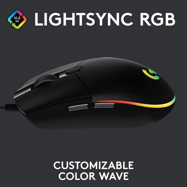 G102 LIGHTSYNC Gaming-mus med RGB-belysning, 6 programmerbare knapper, sensor i spillklasse, 8K DPI-sporing, lett – svart
