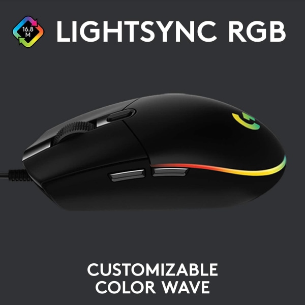 G102 LIGHTSYNCGaming-mus med RGB-belysning, 6 programmerbara knappar, Gaming Grade Sensor, 8K DPI-spårning, lätt - svart