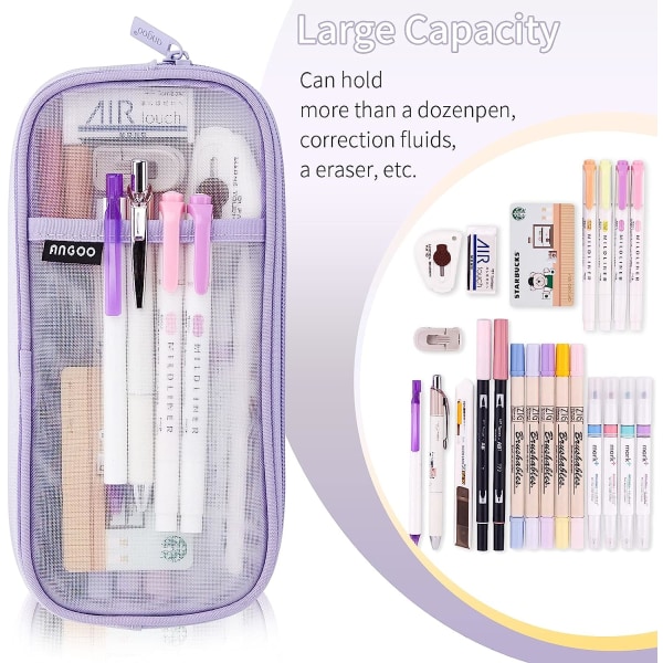 Gitter Mesh Pen Blyant Etui med lynlås Klar Makeup Farve Pung Kosmetik Taske Multi-Purpose Rejse Skole Teen