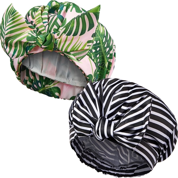 2 stk dusjhetter for kvinner, vanntette gjenbrukbare dusjhette for hår med elastisk kant dusjbadehetter (palmeblad og stripe)