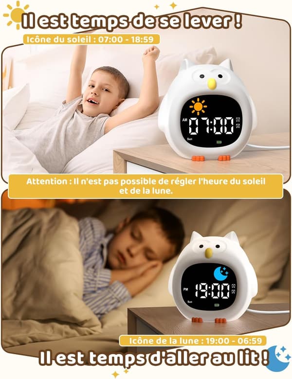 Børnevækkeur Pædagogisk Dag/Nat 2 Alarmer/12/24 Timer/Snooze Justerbar Skærmlysstyrke Lysende 7 Farver
