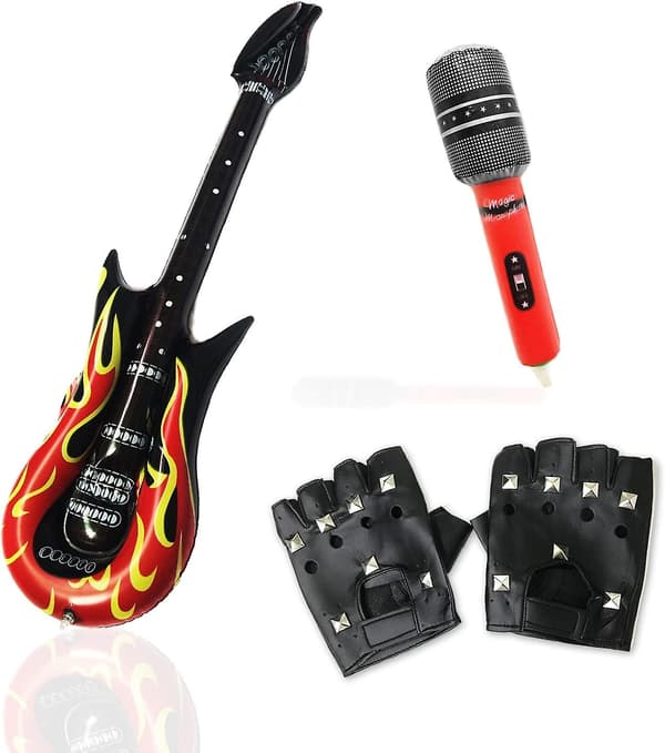 3-pack punkrock partykit - handskar, uppblåsbar gitarr och mikrofontillbehör för fester
