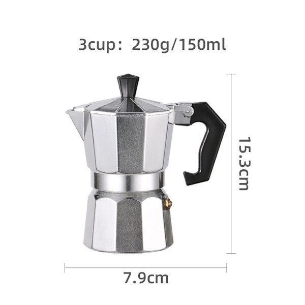 150 ml aluminium espressokande, tre kopper, sølv